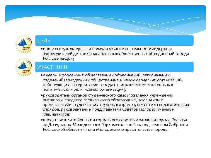 ЦЕЛЬ • выявление, поддержка и стимулирование деятельности лидеров и руководителей детских и молодежных общественных