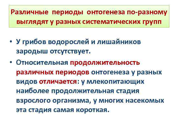 Различные периоды онтогенеза по-разному выглядят у разных систематических групп • У грибов водорослей и