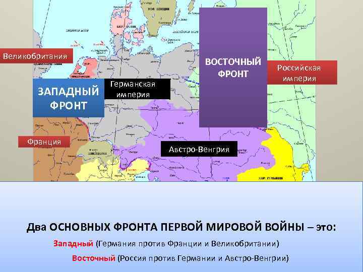 Великобритания ЗАПАДНЫЙ ФРОНТ Франция Германская империя ВОСТОЧНЫЙ ФРОНТ Российская империя Австро-Венгрия Два ОСНОВНЫХ ФРОНТА