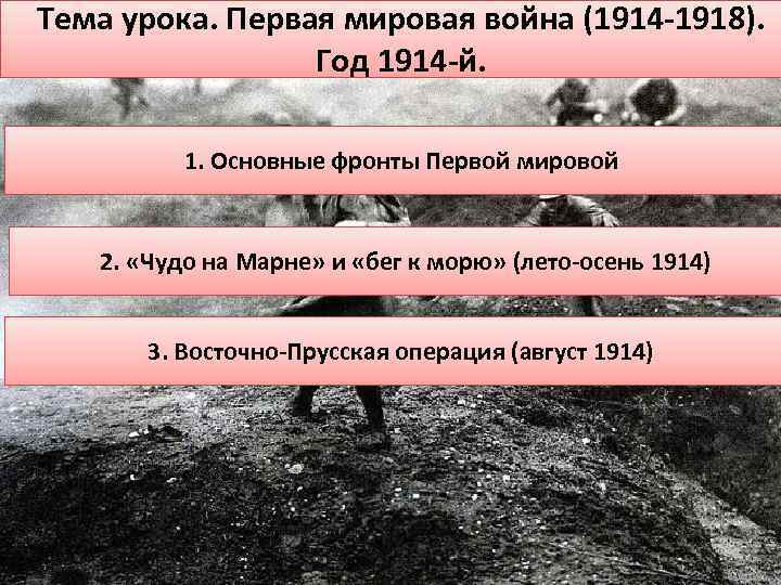 Тема урока. Первая мировая война (1914 -1918). Год 1914 -й. 1. Основные фронты Первой