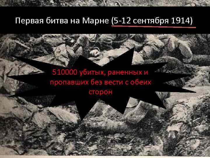 Первая битва на Марне (5 -12 сентября 1914) 510000 убитых, раненных и пропавших без