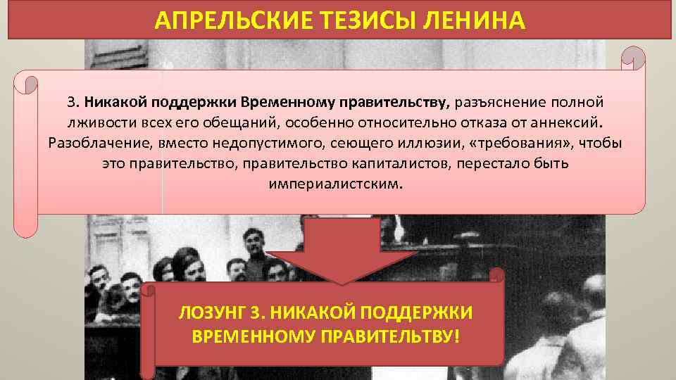 АПРЕЛЬСКИЕ ТЕЗИСЫ ЛЕНИНА 3. Никакой поддержки Временному правительству, разъяснение полной лживости всех его обещаний,