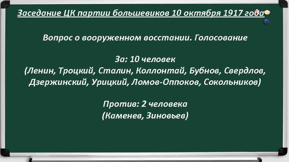 Заседание ЦК партии большевиков 10 октября 1917 года Вопрос о вооруженном восстании. Голосование За: