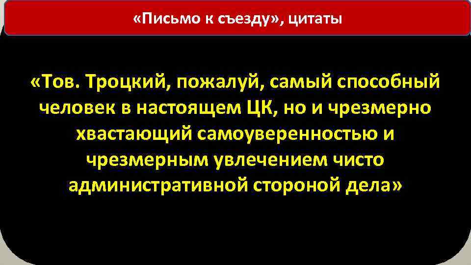  «Письмо к съезду» , цитаты «Тов. Троцкий, пожалуй, самый способный человек в настоящем