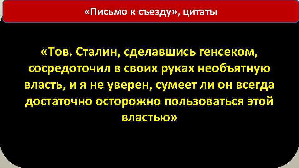  «Письмо к съезду» , цитаты «Тов. Сталин, сделавшись генсеком, сосредоточил в своих руках