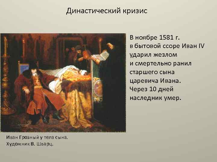 Династический кризис В ноябре 1581 г. в бытовой ссоре Иван IV ударил жезлом и