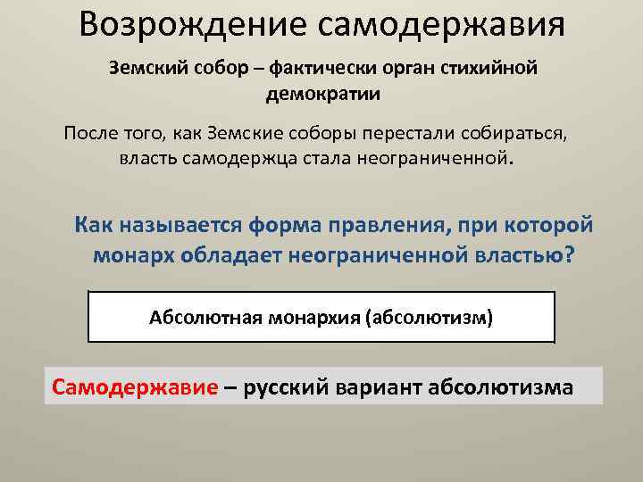Возрождение самодержавия Земский собор – фактически орган стихийной демократии После того, как Земские соборы