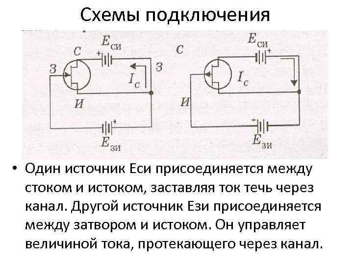 Схемы подключения • Один источник Еси присоединяется между стоком и истоком, заставляя ток течь