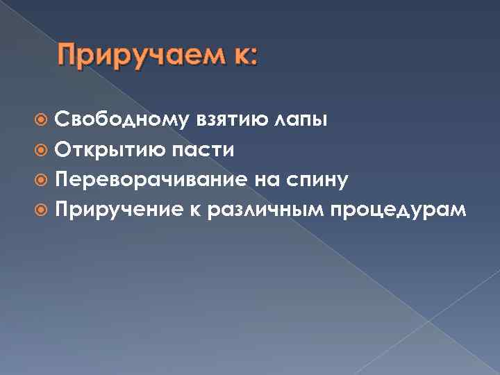 Приручаем к: Свободному взятию лапы Открытию пасти Переворачивание на спину Приручение к различным процедурам