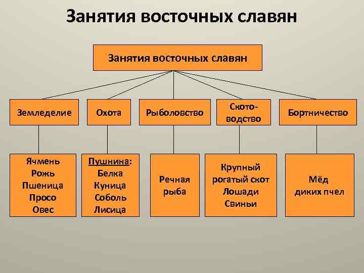 Занятия восточных славян Земледелие Охота Ячмень Рожь Пшеница Просо Овес Пушнина: Белка Куница Соболь