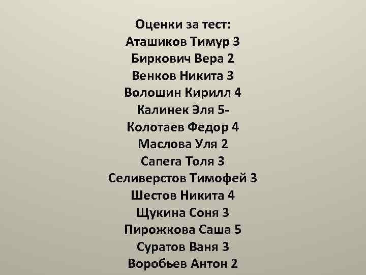 Оценки за тест: Аташиков Тимур 3 Биркович Вера 2 Венков Никита 3 Волошин Кирилл