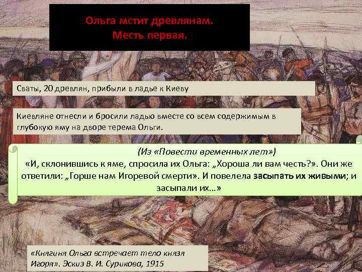 Ольга мстит древлянам. Месть первая. Сваты, 20 древлян, прибыли в ладье к Киеву Киевляне