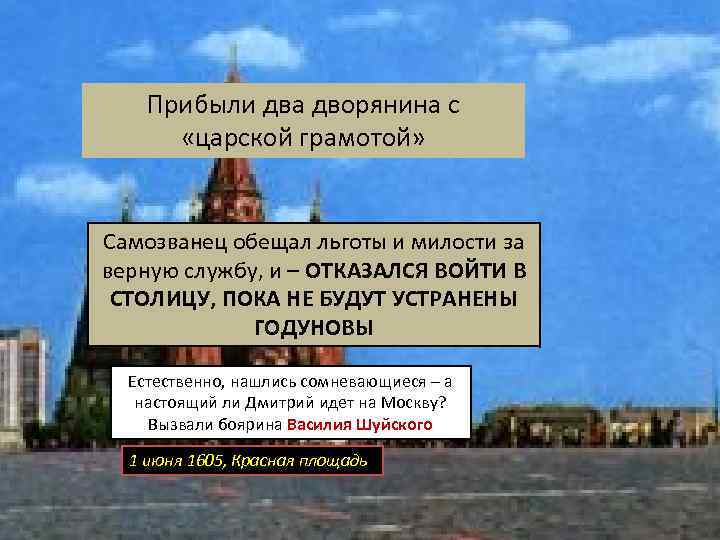 Прибыли два дворянина с «царской грамотой» Самозванец обещал льготы и милости за верную службу,