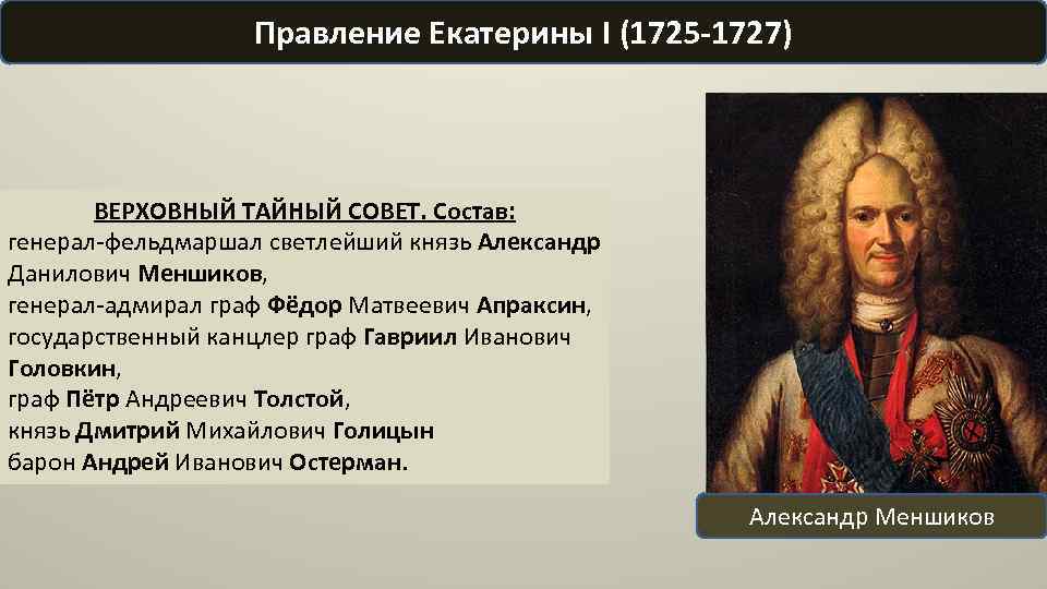 Правление Екатерины I (1725 -1727) ВЕРХОВНЫЙ ТАЙНЫЙ СОВЕТ. Состав: генерал-фельдмаршал светлейший князь Александр Данилович