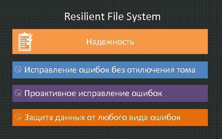 Resilient File System Надежность Исправление ошибок без отключения тома Проактивное исправление ошибок Защита данных