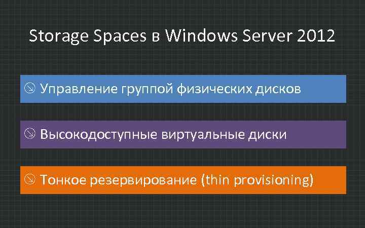 Storage Spaces в Windows Server 2012 Управление группой физических дисков Высокодоступные виртуальные диски Тонкое