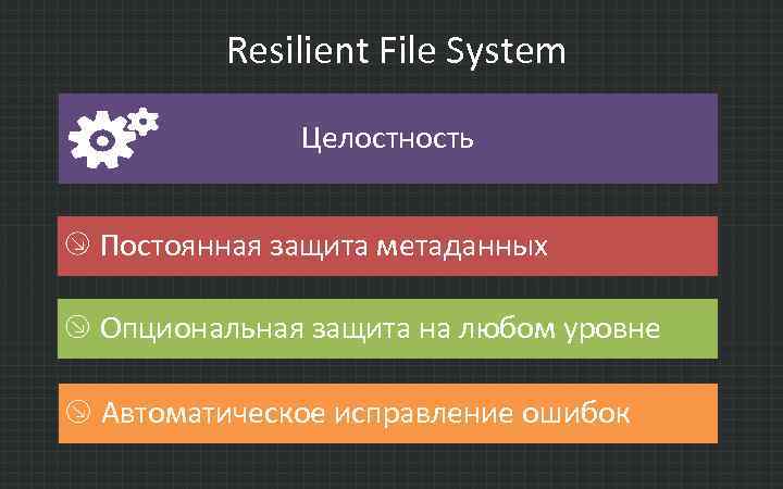 Resilient File System Целостность Постоянная защита метаданных Опциональная защита на любом уровне Автоматическое исправление