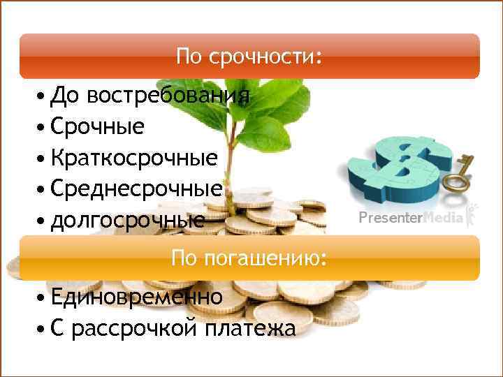 По срочности: • До востребования • Срочные • Краткосрочные • Среднесрочные • долгосрочные По