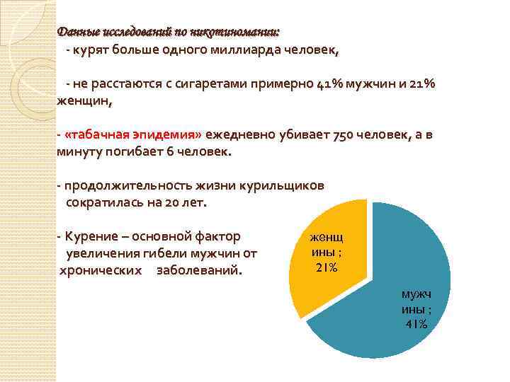 Данные исследований по никотиномании: - курят больше одного миллиарда человек, - не расстаются с