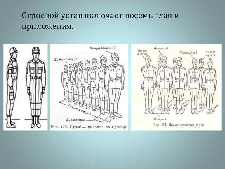 Строевой устав включает восемь глав и приложения. 