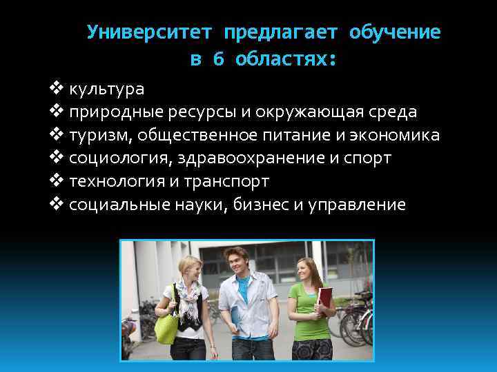 Университет предлагает обучение в 6 областях: v культура v природные ресурсы и окружающая среда