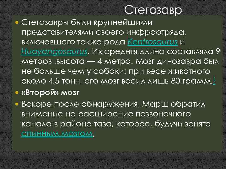 Стегозавр Стегозавры были крупнейшими представителями своего инфраотряда, включавшего также рода Kentrosaurus и Huayangosaurus. Их