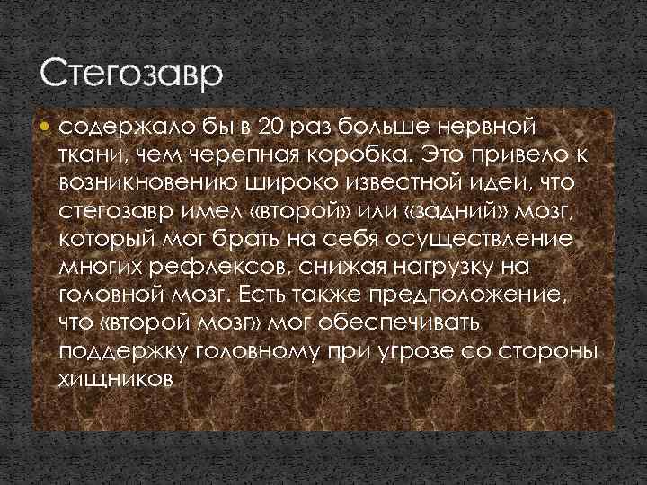 Стегозавр содержало бы в 20 раз больше нервной ткани, чем черепная коробка. Это привело