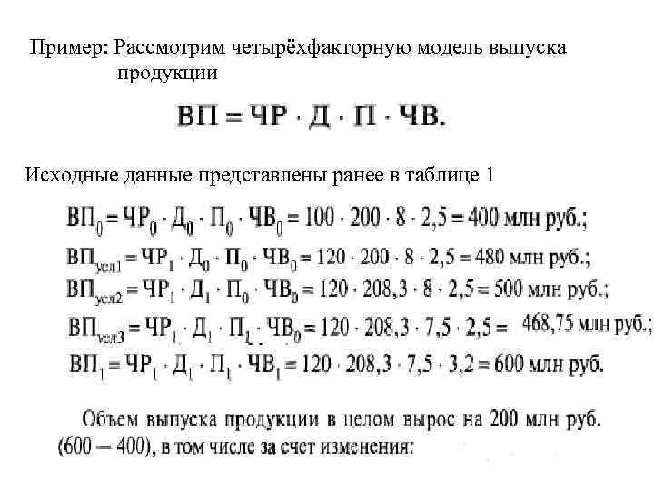 Пример: Рассмотрим четырёхфакторную модель выпуска продукции Исходные данные представлены ранее в таблице 1 