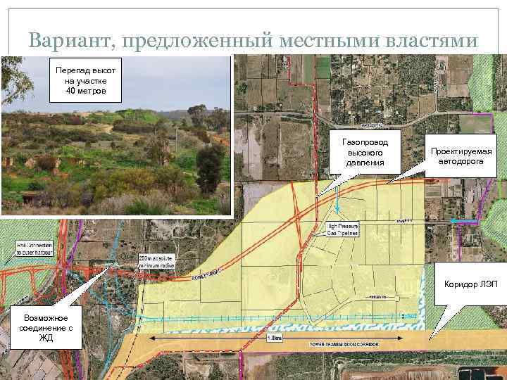 Вариант, предложенный местными властями Перепад высот на участке 40 метров Газопровод высокого давления Проектируемая