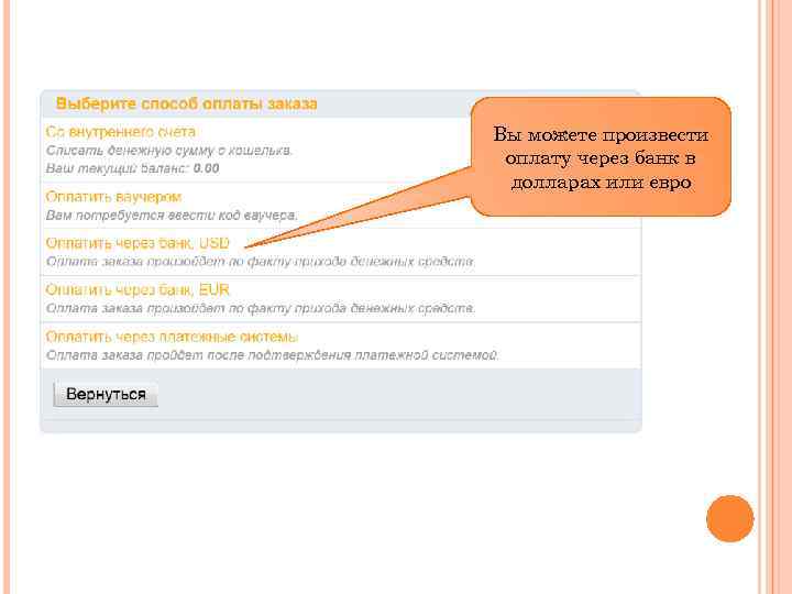 Вы можете произвести оплату через банк в долларах или евро 
