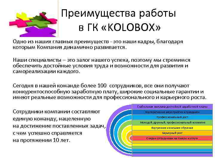 Преимущества работы в ГК «KOLOBOX» Одно из наших главных преимуществ - это наши кадры,