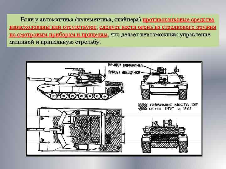 Если у автоматчика (пулеметчика, снайпера) противотанковые средства израсходованы или отсутствуют, следует вести огонь из