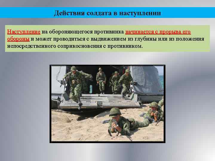 Действия солдата в наступлении Наступление на обороняющегося противника начинается с прорыва его обороны и