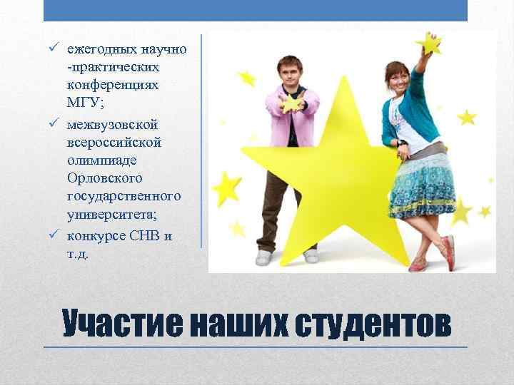 ü ежегодных научно -практических конференциях МГУ; ü межвузовской всероссийской олимпиаде Орловского государственного университета; ü