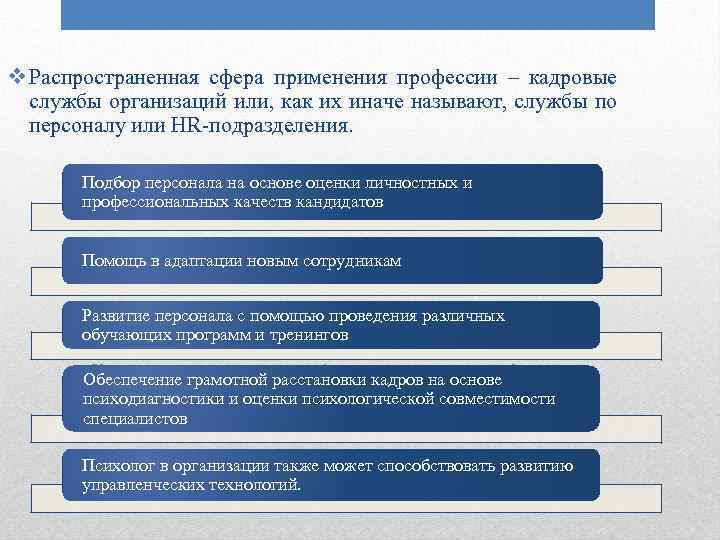 v Распространенная сфера применения профессии – кадровые службы организаций или, как их иначе называют,