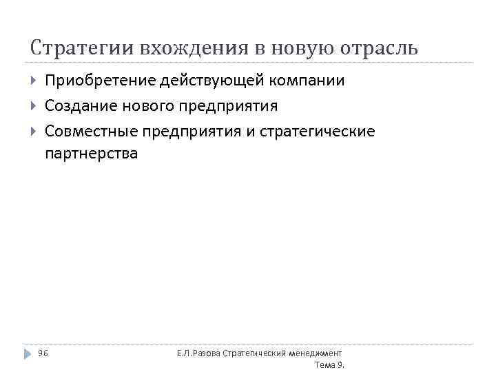 Стратегии вхождения в новую отрасль Приобретение действующей компании Создание нового предприятия Совместные предприятия и