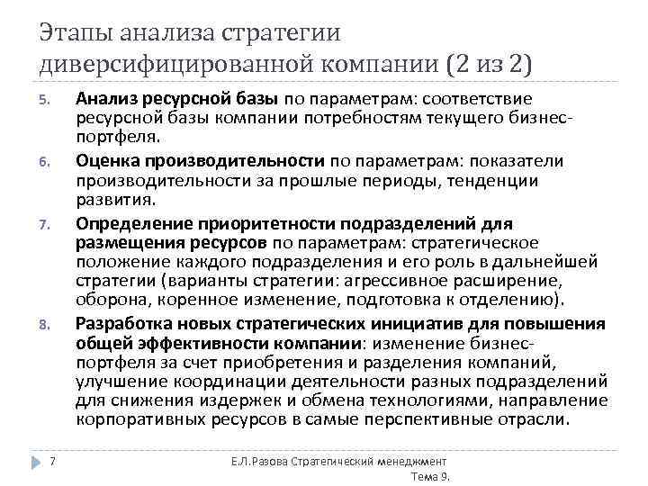 Этапы анализа стратегии диверсифицированной компании (2 из 2) 5. 6. 7. 8. 7 Анализ