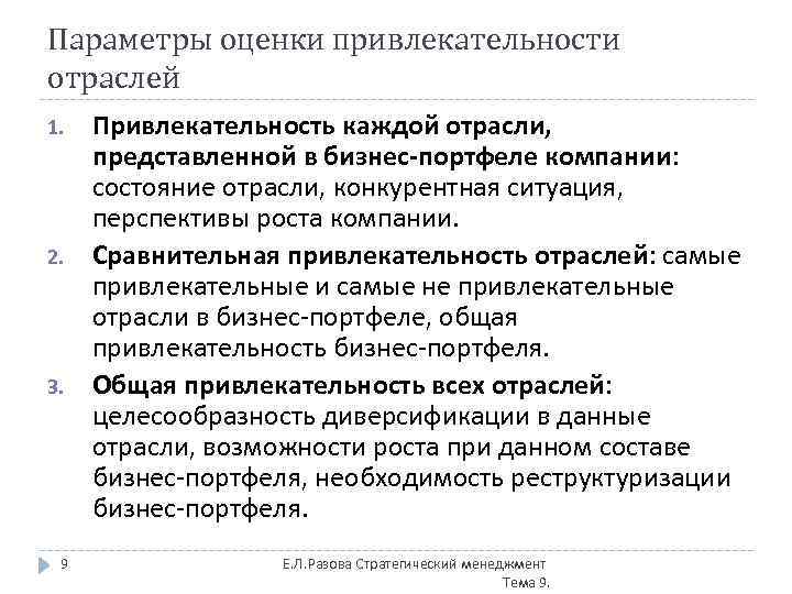 Параметры оценки привлекательности отраслей 1. 2. 3. 9 Привлекательность каждой отрасли, представленной в бизнес-портфеле