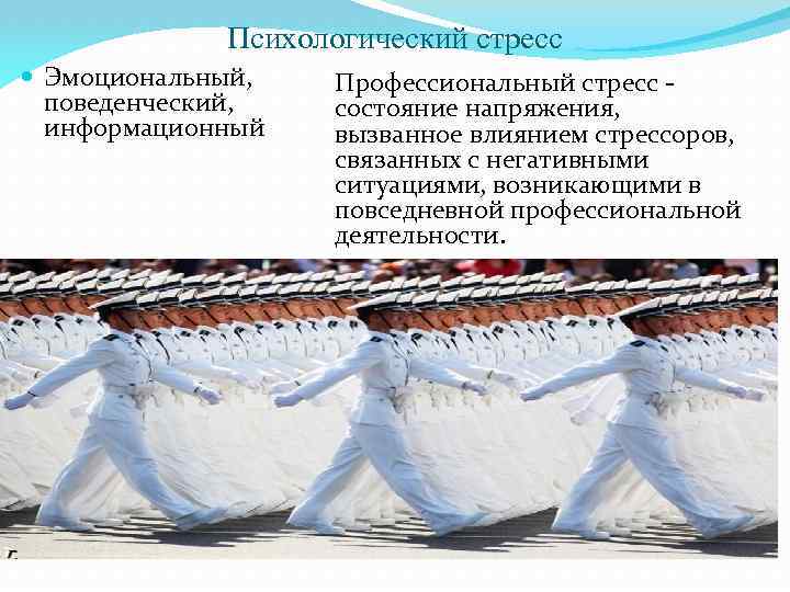 Психологический стресс Эмоциональный, поведенческий, информационный Профессиональный стресс - состояние напряжения, вызванное влиянием стрессоров, связанных