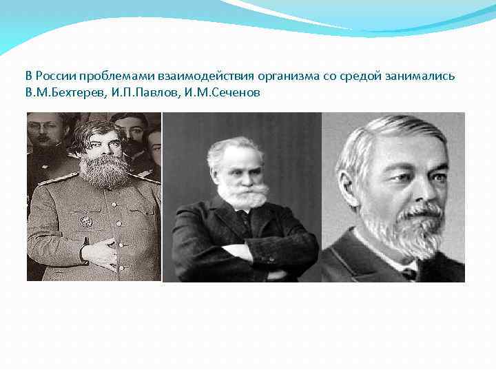 В России проблемами взаимодействия организма со средой занимались В. М. Бехтерев, И. П. Павлов,