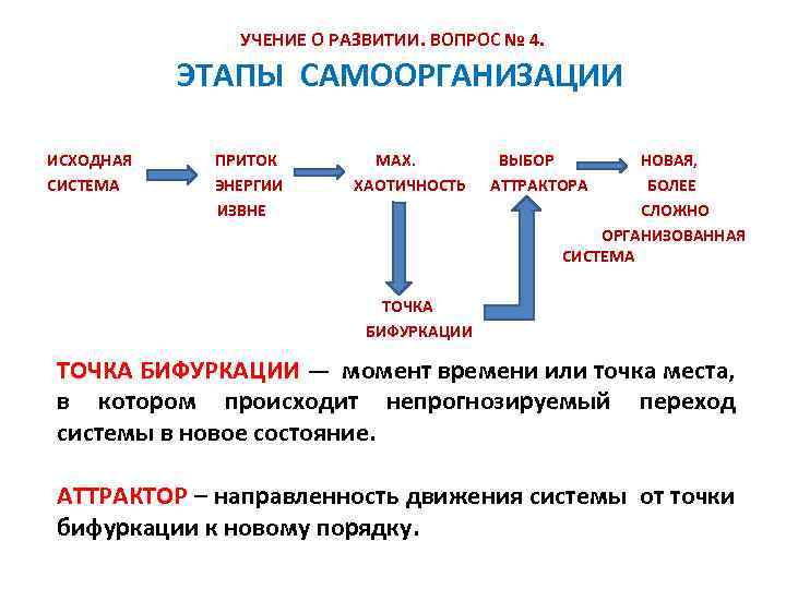 УЧЕНИЕ О РАЗВИТИИ. ВОПРОС № 4. ЭТАПЫ САМООРГАНИЗАЦИИ ИСХОДНАЯ ПРИТОК МАX. ВЫБОР НОВАЯ, СИСТЕМА