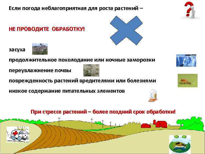 Если погода неблагоприятная для роста растений – НЕ ПРОВОДИТЕ ОБРАБОТКУ! засуха продолжительное похолодание или