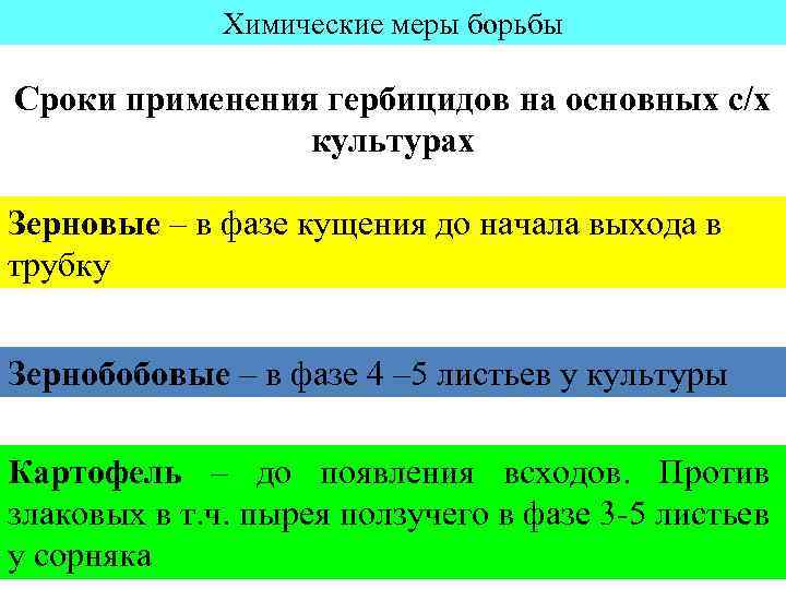 Химические меры борьбы Сроки применения гербицидов на основных с/х культурах Зерновые – в фазе