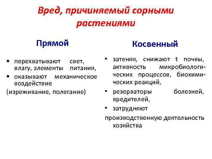 Вред, причиняемый сорными растениями Прямой Косвенный • затеняя, снижают t почвы, • перехватывают свет,