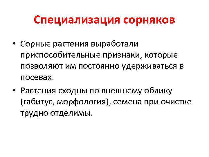 Специализация сорняков • Сорные растения выработали приспособительные признаки, которые позволяют им постоянно удерживаться в