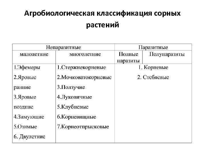 Агробиологическая классификация сорных растений 