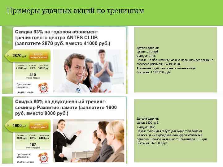 Примеры удачных акций по тренингам Детали сделки: Цена: 2870 руб Скидка: 93 % Пакет: