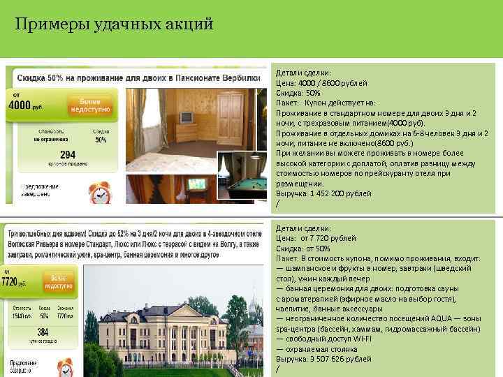 Примеры удачных акций Детали сделки: Цена: 4000 / 8600 рублей Скидка: 50% Пакет: Купон