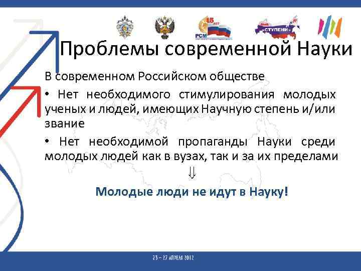 Проблемы современной Науки В современном Российском обществе • Нет необходимого стимулирования молодых ученых и