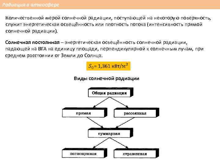 Радиация в атмосфере Количественной мерой солнечной радиации, поступающей на некоторую поверхность, служит энергетическая освещённость